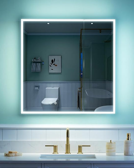 WELLFOR 30" X 30" Medicine Cabinet with Lights, 3X Magnification, Anti-Fog Mirrored Cabinet, Bathroom Vanity Medicine Cabinet with Outlets & USB Ports, Double Doors