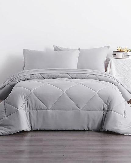 NTBAY Twin Comforter Set with Sheets, 5 Pieces Soft and Breathable Twin Bedding Set, Twin Bed in a Bag, Down Alternative Comforter Set Solid Color All Season, Kids Bedding Set, Light Grey
