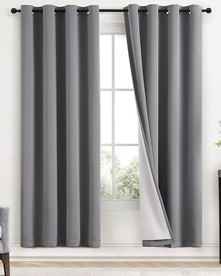 Yakamok Grey Room Darkening 100% Blackout Curtains Grommet Window Treatments with 2 Thick Layers-Gray Thermal Insulated Drapes Set of 2 Panels for Bedroom Living Room 52 Inches by 72 Inches Length