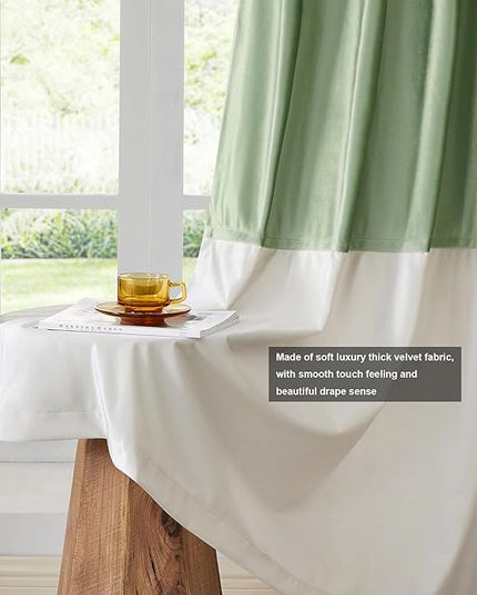 BULBUL Color Block Window Curtains Panels 120 inches Long Sage Green Ivory Velvet Farmhouse Drapes for Bedroom Living Room Darkening Treatment with Grommet Set of 2