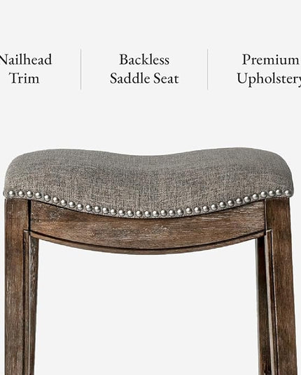 Maven Lane Adrien Backless Bar Stool – Set of 4 – 31 Inch Saddle Seat with Footrest – Brown Solid Wood Frame & Grey Fabric Upholstery – Ideal for Bars, Pub Tables & Tall Kitchen Counters