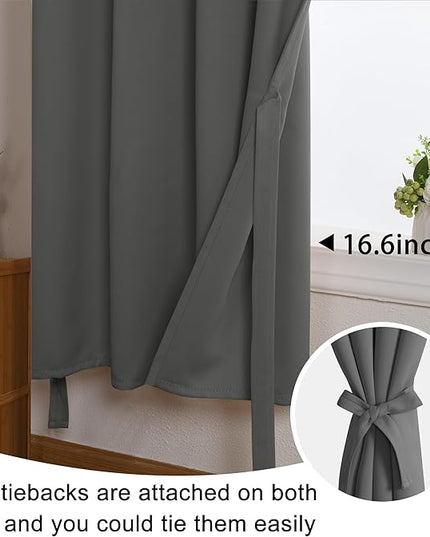 JIUZHEN Short Curtains Kitchen Half Window Blackout Curtains with Tiebacks for Baseroom Shadows, Grommet Curtains for Living Room, Set of 2 Window Curtain Panels, 52 x 30 Inch Length，Dark Grey