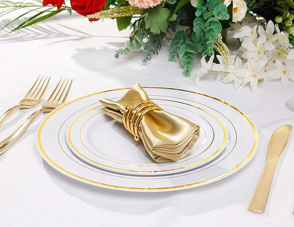 bUCLA 100Pieces Gold Plastic Plates -7.5inch White and Gold Disposable Salad/Dessert Plates - Ideal for Weddings, Party & Thanksgiving