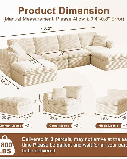 138” Modular Sectional Sofa Couches U Shaped Couch 4 Seater Cloud Sofa Memory Foam Sectional Couches for Living Room, Boneless Couch with Ottoman, Corduroy, Beige