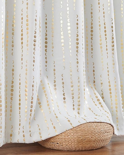 jinchan 95% Blackout Boho Curtains 63 Inch Long for Bedroom Moon Phases Printed Christmas Curtain Festive Holiday Golden on White Drapes Rod Pocket Back Tab Xmas Curtains 2 Panels