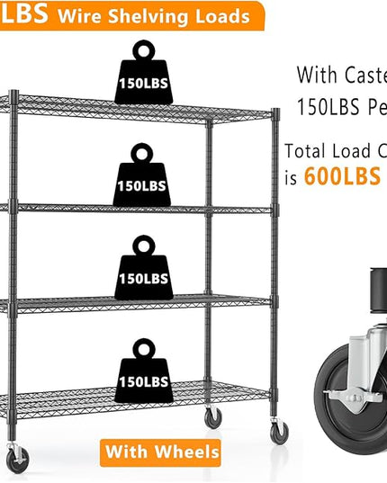 Himimi 72" H Storage Shelves 4 Tier Metal Shelving Adjustable Wire Shelf with Wheels, Heavy Duty Shelving for Garage Kitchen Pantry Bathroom Laundry 18" D*48" W*72" H, Black