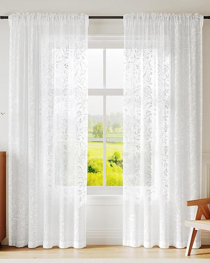 Anmao White Semi Sheer Light Filtering Curtains 90 Inches Long 2 Panels, Leaf Pattern Drapes for Living Room Bedroom, Rod Pocket Sheer Window Treatments with Floral Design, 52x90 Inch
