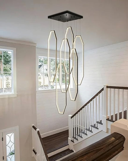 Modern Staircase Chandelier LED 6-Rings Foyer Chandeliers for High Ceilings Black Large Chandeliers Remote Control 3000K-6000K Dimmable Pendant Light for Living Room Staircase Entryway