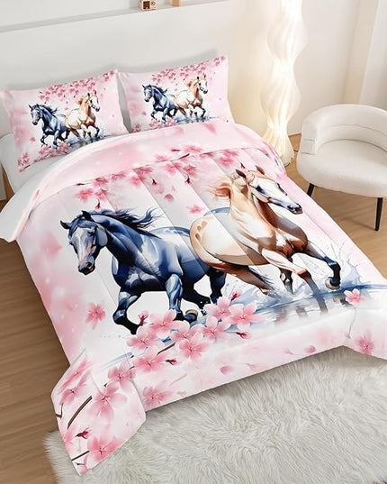 Horse Comforter Set Kids Bedding King Size,Pink Cherry Blossom Bedding Set for Girls Boys Teens Bedroom Decor Aesthetic,Galloping Horse Bedding Comforter Sets with 2 Pillowcases.