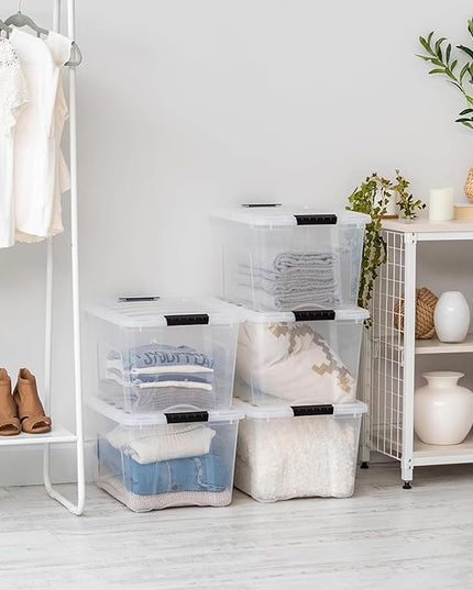 IRIS USA 40 QT Plastic Storage Box with Lid and Latches - 6 Pack - BPA-Free, See-Through Organizing Solution, Durable Nestable Stackable Containers, Secure Pull Handle - Clear