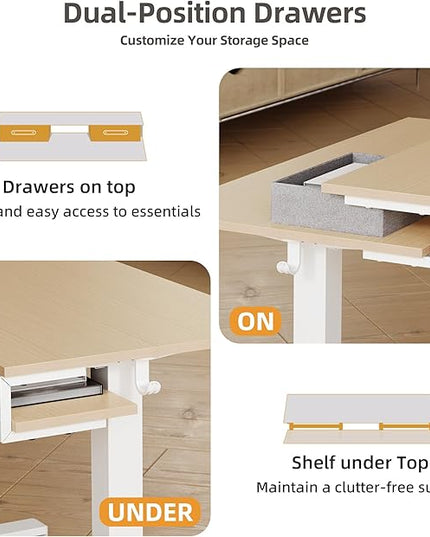 Claiks Electric Standing Desk with 2 Drawers, Adjustable Standing Desks with Storage, Height Adjustable Stand up Desk for Home Office with 2 Hooks,55 Inch Natural