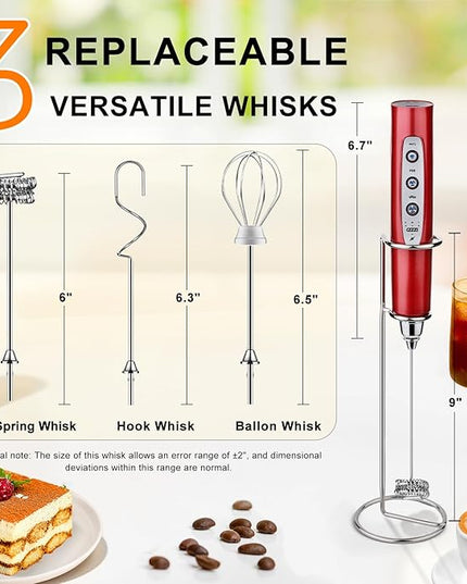 YUSWKO Red Rechargeable Milk Frother for Coffee with Stand, Handheld Drink Mixer with 3 Heads 3 Speeds Electric Stirrers for Latte, Cappuccino, Hot Chocolate, Egg