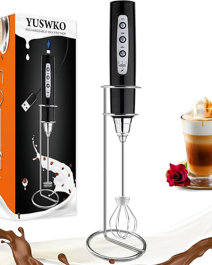 YUSWKO Handheld Milk Frother Wand for Coffee, Rechargeable Electric Whisk with 3 Heads 3 Speeds Drink Mixer Coffee Frother For Latte, Cappuccino, Hot Chocolate, Egg (With Stand, Light Black)