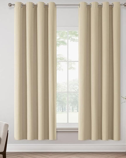 ChrisDowa 100% Blackout Cream Solid Curtains 72 Inches Long 2 Panels for Bedroom Living Room,Farmhouse Room Darkening Thermal Insulated Soundproof Grommet Top Window Treatment Drapes,52x72
