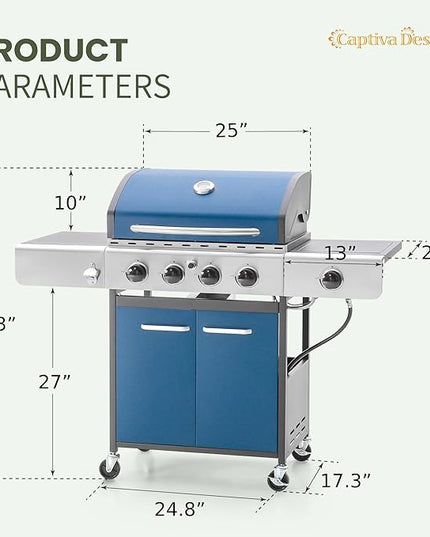 Captiva Designs 4-Burner Propane Gas BBQ Grill with Side Burner & Porcelain-Enameled Cast Iron Grates, 42,000 BTU Output Barbeque Grill for Outdoor Cooking Kitchen and Patio Backyard Barbecue, Blue