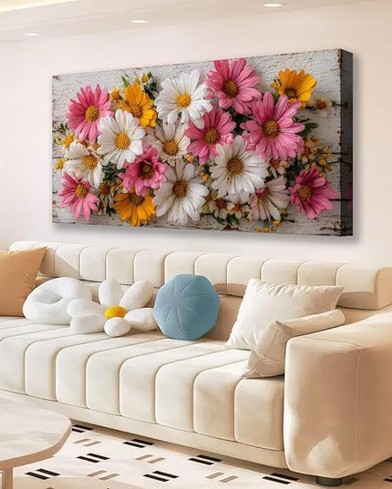 KZKU Rustic Daisy Canvas Wall Art-Large Floral Print on Weathered Blue Wood Background- Modern Farmhouse Decor for Living Room Bedroom20X40in