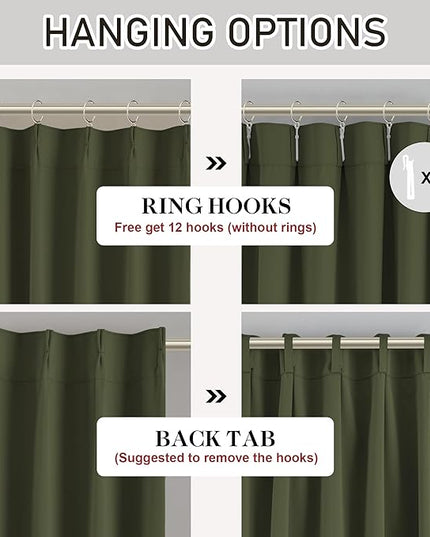 DONREN Olive Green Pinch Pleated Blackout Curtains with Hooks - 126 inches Extra Long Room Darkening Thermal Insulated Window Curtain Panels for High Ceiling Living Room 2 Panel 40" Wx126 L