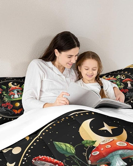 Mushroom Kids Comforter Set King Size,Sun Moon Starry Sky Galaxy Romantic Bedding Set,Girls Boys Adults Bedroom Decor,Butterfly Snake Boho Trippy Down Comforter,Colorful Duvet Insert,2 Pillowcases