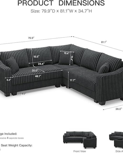 Belffin Convertible Sectional Couch with Chaise Corner Sectional Sofa L Shaped Couch Reversible Corner Upholstered Couches for Living Room Corduroy (Dark Grey, V Shaped)