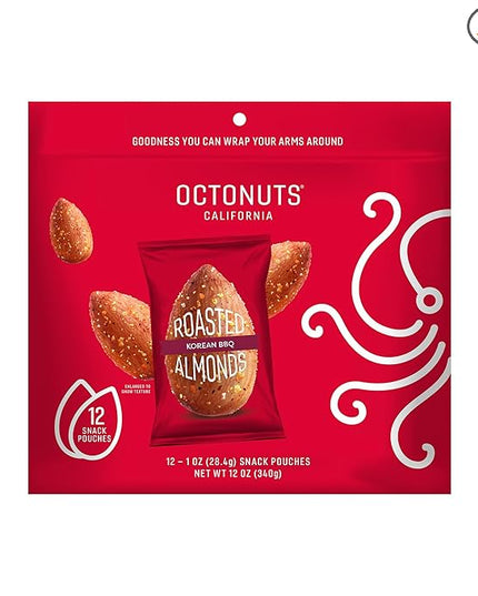 Octonuts Korean BBQ Almonds – 12 Individually Wrapped Snack Packs (1oz Each), Healthy Snacks for Adults and Kids, Non-GMO, Keto and Gluten-Free, Roasted in Cold Pressed Olive Oil