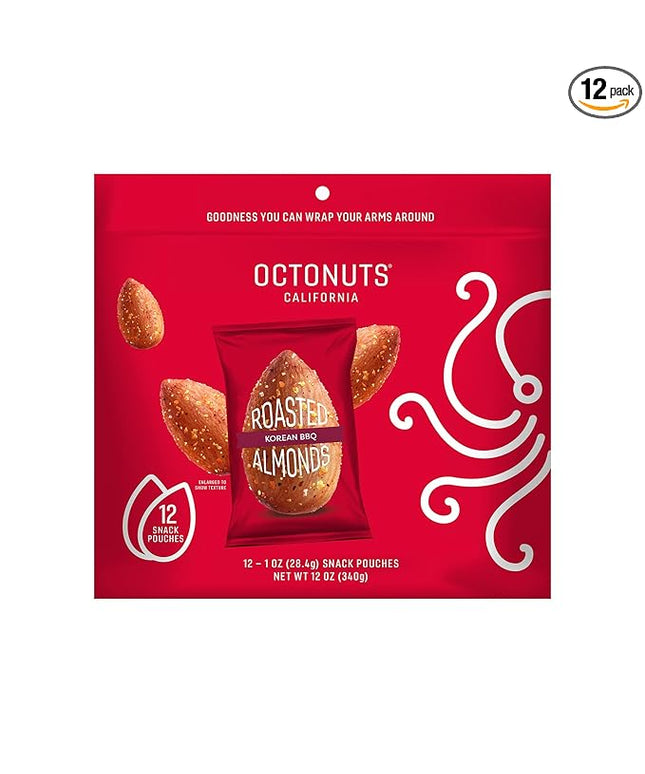 Octonuts Korean BBQ Almonds – 12 Individually Wrapped Snack Packs (1oz Each), Healthy Snacks for Adults and Kids, Non-GMO, Keto and Gluten-Free, Roasted in Cold Pressed Olive Oil