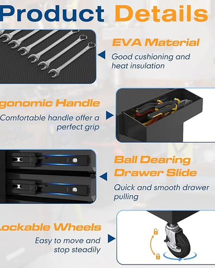 5-Drawers Tool Chest, 2-in-1 Rolling Tool Box with Wheels and Drawers, Detachable Storage Toolbox with Lock, Heavy-Duty Metal Tool Cart for Garage, Workshop (Black)