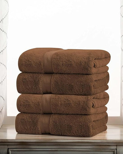Superior Egyptian Cotton Pile Bath Towel Set of 4, Ultra Soft Luxury Towels, Thick Plush Essentials, Absorbent Heavyweight, Guest Bath, Hotel, Spa, Home Bathroom, Shower Basics, Chocolate