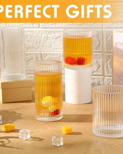 Zhehao 12 Pcs Ribbed Drinking Glasses Set 12 oz 14 oz Glass Cups Vintage Glassware Ribbed Cocktail Cup Clear Ice Coffee Highball Ripple Drinkware for Home Bar Beverages