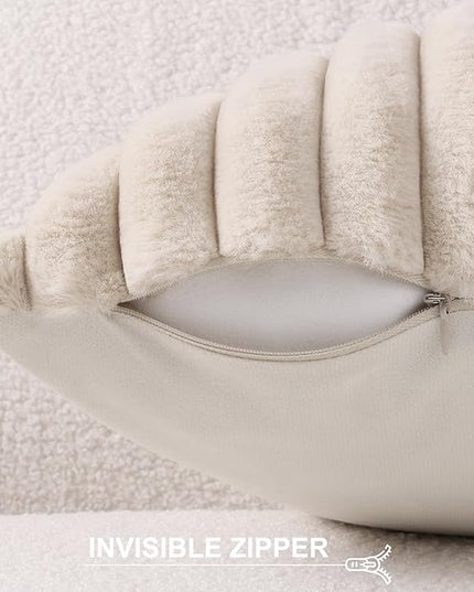 Pallene Faux Fur Plush Throw Pillow Covers 18x18 Set of 2, Luxury Soft Fluffy Striped Decorative Pillow Covers for Sofa, Couch, Living Room, Apricot