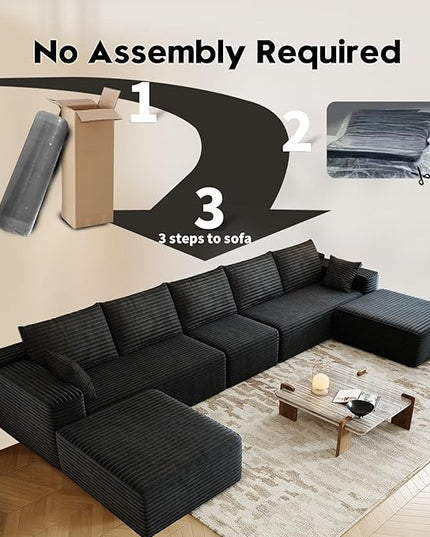 168.5" Modular Sectional Sofa, Oversized U-Shaped Minimalist Couches with 1 Middle Seat and 2 Ottomans Chaise, Modern Deep Seat Convertible Sleeper Sofa, Cloud Plush Corduroy Fabric,7 Seater, Black