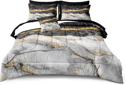King Comforter Set 8 Pieces Black Gold Marble Bed in a Bag - Luxury Western Bedding With Sheet (Black Gold, King Size)