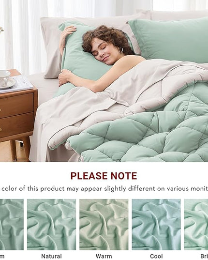 MUXHOMO 5 Pieces Twin Comforter Set, Reversible Bed in a Bag Twin Size, All Season Bedding Set with Comforter, Flat Sheet, Fitted Sheet, Pillowcases & Shams, Sage Green & Beige