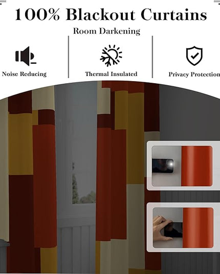 Rust Burnt Orange 100% Blackout Curtains for Bedroom 63 inch Long 2 Panels Set Modern Abstract Geometric Black Out Curtains Insulated Room Darkening Window Drapes for Living Room, 52Wx63L