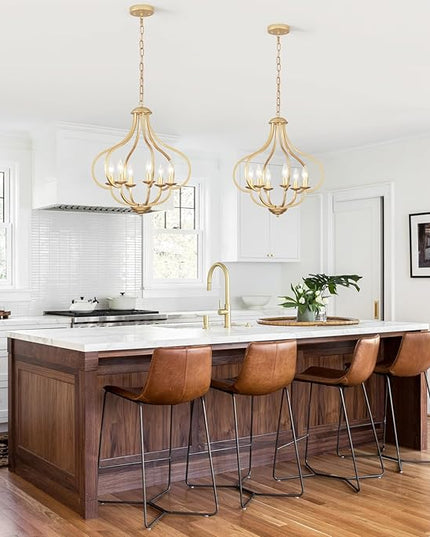 18‘’ Antique Gold Farmhouse Chandelier, 6 Light Dining Room Light Fixtures Modern Industrial Candle Pendant Lights Kitchen Island, Bedroom, Foyer, Living Room, Entryway
