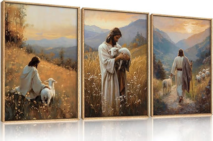 HOURIA Jesus Leaves The 99 Sheep Framed Canvas Wall Art Set,Christian The Lost Sheep Wall Decor,Jesus Embraces Lamb Artwork,Religious Biblical Art Prints for Living Room, Bedroom, Church- 16"x24"x3