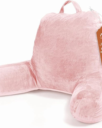 Sasttie Reading Pillow, Velvet Back Pillow for Bed Sitting Up, Adult Back-Rest Support Cushion with Arms for Sit Up on Couch, Sofa, and Floor, Dorm Essentials, Reading Accessories, Pink