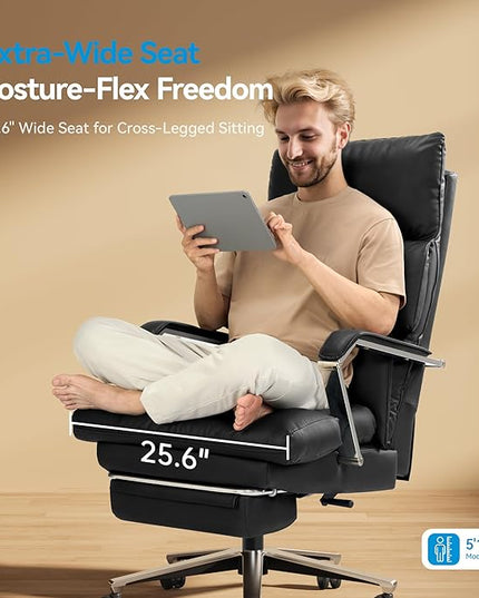 Reclining Office Chair with Footrest - 25.6" Wide Seat & Adjustable Seat Depth, Big and Tall High Back Leather Executive Home Office Desk Chair 400lbs, Black