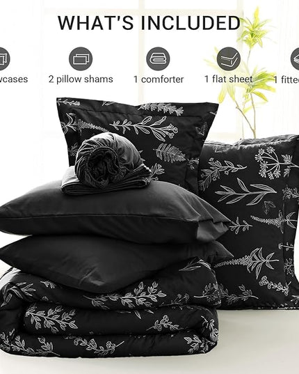 MUXHOMO Black Full Comforter Set, Elegant Floral Print Bed in a Bag 7 Pieces, Ultra Soft & Breathable Reversible Botanical Pattern Bedding Set with Comforter, Sheets, Pillowcases, and Shams
