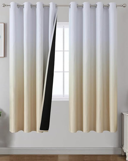 Estelar Textiler Beige and Greyish White Ombre Blackout Curtains for Living Room 72 Inch Long, Gradient Room Darkening Thermal Insulated Grommet Window Drapes for Bedroom, 52Wx72L, 2 Panels