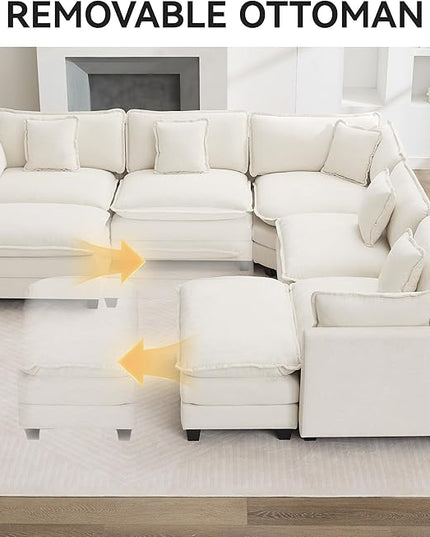 137'' V Shaped Cloud Sectional Sofa, Oversized Deep Seat Couches for Living Room, Chenille Comfy Upholstered Modular Sectional Sofa Couch with 2 Movable Ottoman, Beige