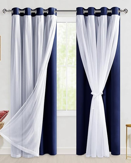 Hiasan Mix & Match Blackout Curtains with Sheer Overlay, Thermal Insulated Privacy Double Layer Room Darkening Window Curtains for Bedroom, Living Room, 2 Panels with Tiebacks, Navy Blue, 52W X 84L