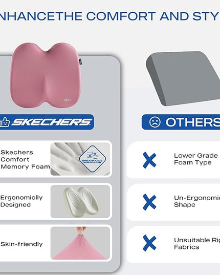 Skechers Seat Cushion, Ergonomic Memory Foam Cushion for Long Sitting Hours on Office & Home Chair, Car Seat Cushion for Sciatica, Coccyx Cushion,Pink