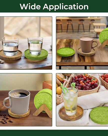 Acacia Wood Coasters Set of 8 with Holders, 4 Acacia Wood & 4 Absorbent Felt Pads, 3.6 Inches Fit Coffee Table, Home, Office, Bar, Offers Tabletop Protection, Stylish Decor and Ideal Gift