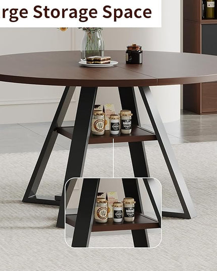 Walnut Round Dining Table Set for 4, Mid-Century Modern Kitchen Table and Chairs, Small Space Dining Room Furniture for Apartment, Breakfast Nook or Studio (Walnut Wood-1 Storage Table)