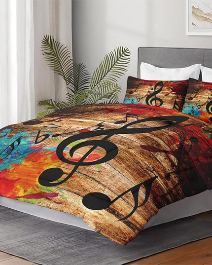 King Size Comforter Set with 2 Pillowcases, Musical Music Disco 3 Pcs Bedding for Kids and Adults, Black Retro Woodboard Soft Comforter Set for Bedroom Bed Decor