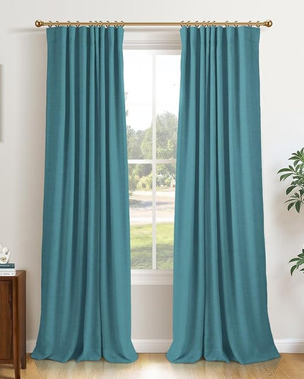 INOVADAY 100% Blackout Curtains for Bedroom, Black Out Curtains 84 Inch Long, Clip Rings Linen Blackout Drapes, Thermal Insulated Room Darkening for Living Room, 2 Panels - Teal,W50xL84