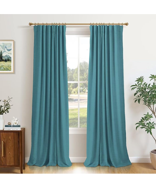 INOVADAY 100% Blackout Curtains for Bedroom, Black Out Curtains 90 Inch Long, Clip Rings Linen Blackout Drapes, Thermal Insulated Room Darkening for Living Room, 2 Panels - Teal,W50xL90