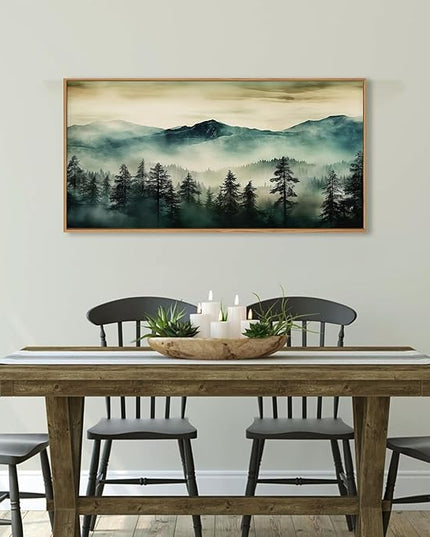 HOURIA Large Boho Mountain Forest Framed Canvas Wall Art Set,Nature Foggy Woodland Wall Decor,Modern Pine Tree Artwork,Watercolor Botanical Art Print for Living Room,Bedroom,Farmhouse- 20"×40"×1