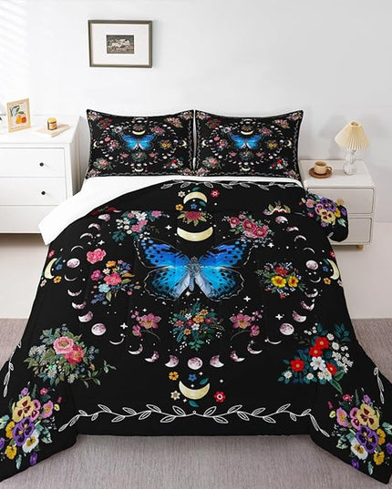 Sun and Moon Kids Comforter Set Queen Size,Starry Sky Galaxy Planet Trippy Bedding Set,Boys Girls Adults Room Decor,Butterfly Flowers Boho Exotic Down Comforter,Colorful Duvet Insert,2 Pillowcases