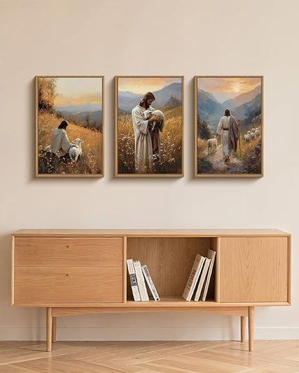 HOURIA Jesus Leaves The 99 Sheep Framed Canvas Wall Art Set,Christian The Lost Sheep Wall Decor,Jesus Embraces Lamb Artwork,Religious Biblical Art Prints for Living Room, Bedroom, Church- 16"x24"x3
